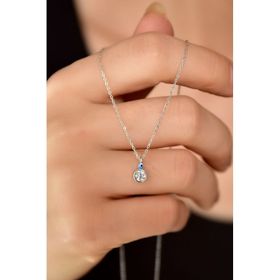 Papatya Silver 925 Ayar Rodyum Kaplama Göz Mineli Zirkon Taşlı Yuvarlak Tektaş Kadın Gümüş Kolye