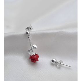 Papatya Silver 925 Ayar Rodyum Kaplama Kırmızı Gül Model Çivili Kadın Gümüş Küpe