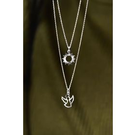 Papatya Silver 925 Ayar Rodyum Kaplama Kristal Kesim Güneş ve Melek Asansörlü Kadın Gümüş Kolye