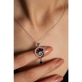 Papatya Silver 925 Ayar Rodyum Kaplama Lacivert Renkli Spiral Snail Tasarım Kadın Gümüş Kolye