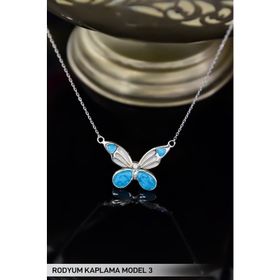 Papatya Silver 925 Ayar Rodyum Kaplama Mavi Mineli Sedef Kelebek Kadın Gümüş Kolye