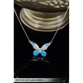 Papatya Silver 925 Ayar Rodyum Kaplama Mavi Mineli Sedef Kelebek Kadın Gümüş Kolye