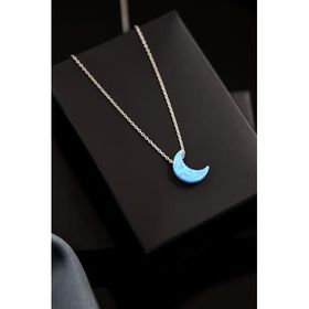 Papatya Silver 925 Ayar Rodyum Kaplama Mavi Opal Taş Hilal Gümüş Kolye