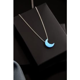 Papatya Silver 925 Ayar Rodyum Kaplama Mavi Opal Taş Hilal Gümüş Kolye