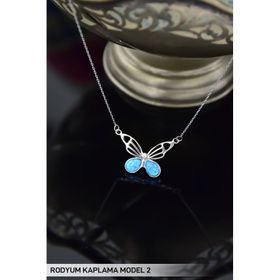 Papatya Silver 925 Ayar Rodyum Kaplama Opal Taşlı Kelebek 2 Kadın Gümüş Kolye