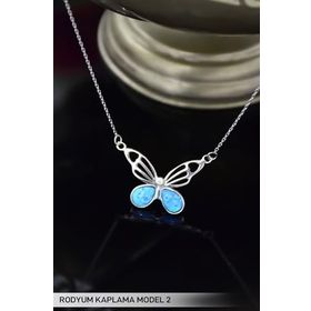 Papatya Silver 925 Ayar Rodyum Kaplama Opal Taşlı Kelebek 2 Kadın Gümüş Kolye