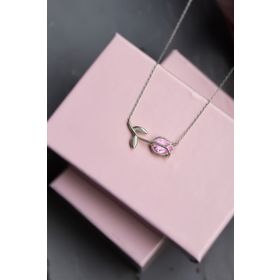 Papatya Silver 925 Ayar Rodyum Kaplama Pembe Taşlı Lale Kadın Gümüş Kolye