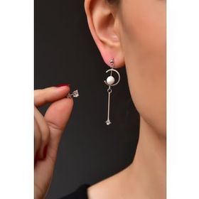 Papatya Silver 925 Ayar Rodyum Kaplama Sallantılı Inci Tektaş ve Halka Gümüş Küpe