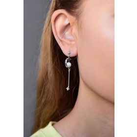 Papatya Silver 925 Ayar Rodyum Kaplama Sallantılı Inci Tektaş ve Halka Gümüş Küpe