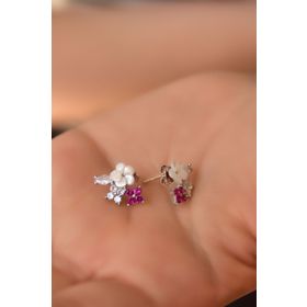 Papatya Silver 925 Ayar Rodyum Kaplama Sedef Manolya Fuşya Beyaz Taşlı Yonca Çiçek Gümüş Küpe