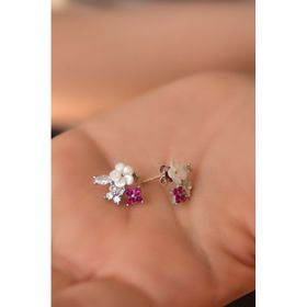 Papatya Silver 925 Ayar Rodyum Kaplama Sedef Manolya Fuşya Beyaz Taşlı Yonca Çiçek Gümüş Küpe