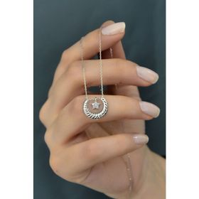 Papatya Silver 925 Ayar Rodyum Kaplama Yıldız Detaylı Çizgili Hilal Kadın Gümüş Kolye