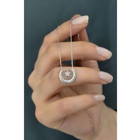Papatya Silver 925 Ayar Rodyum Kaplama Yıldız Detaylı Çizgili Hilal Kadın Gümüş Kolye