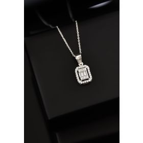 Papatya Silver 925 Ayar Rodyum Kaplama Zirkon Baget Kare Taşlı Kadın Gümüş Kolye