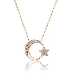 Papatya Silver 925 Ayar Rose Altın Kaplama Gümüş Ay Yıldız Kolye