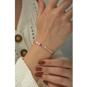 Papatya Silver 925 Ayar Rose Altın Kaplama Renkli Baget Taşlı Suyolu Gümüş Bileklik