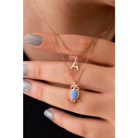 Papatya Silver 925 Ayar Rose Kaplama A Harf ve Opal Taşlı Baykuş Asansörlü Kadın Gümüş Kolye