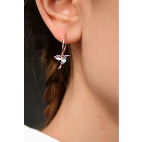 Papatya Silver 925 Ayar Rose Kaplama Akua Mor Taşlı Halka Kuş Gümüş Küpe