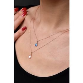 Papatya Silver 925 Ayar Rose Kaplama Asansörlü Opal Beyaz Ve Mavi Taşlı Gümüş Kolye