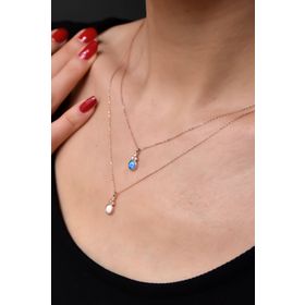 Papatya Silver 925 Ayar Rose Kaplama Asansörlü Opal Beyaz Ve Mavi Taşlı Gümüş Kolye