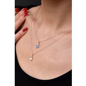 Papatya Silver 925 Ayar Rose Kaplama Asansörlü Opal Beyaz Ve Mavi Taşlı Gümüş Kolye