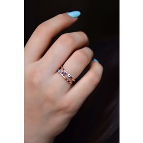 Papatya Silver 925 Ayar Rose Kaplama Ayarlanabilir Mineli Nazar Göz Çift Sıralı Gümüş Yüzük
