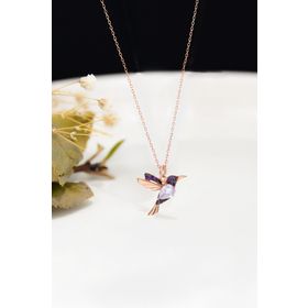 Papatya Silver 925 Ayar Rose Kaplama Beyaz Mor Taşlı Kuş Gümüş Kolye