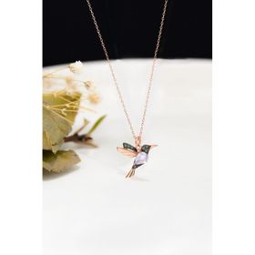 Papatya Silver 925 Ayar Rose Kaplama Beyaz Yeşil Taşlı Kuş Kadın Gümüş Kolye