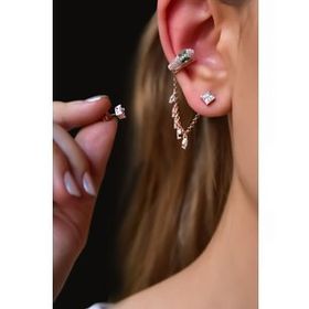 Papatya Silver 925 Ayar Rose Kaplama Ear Cuff Chain Snake Gümüş Küpe