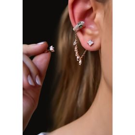 Papatya Silver 925 Ayar Rose Kaplama Ear Cuff Chain Snake Gümüş Küpe