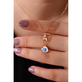 Papatya Silver 925 Ayar Rose Kaplama Harf ve Opal Taşlı Balık Asansör Kadın Gümüş Kolye