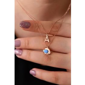 Papatya Silver 925 Ayar Rose Kaplama Harf ve Opal Taşlı Balık Asansör Kadın Gümüş Kolye