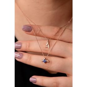 Papatya Silver 925 Ayar Rose Kaplama Harf ve Tanzanit Kalp Kanat Asansör Kadın Gümüş Kolye