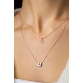 Papatya Silver 925 Ayar Rose Kaplama Kadın Asansörlü Beyaz Kelebek ve Harf Model Kadın Gümüş Kolye
