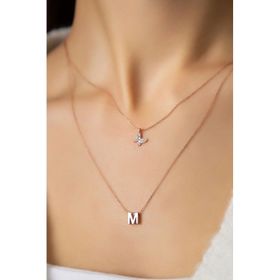 Papatya Silver 925 Ayar Rose Kaplama Kadın Asansörlü Beyaz Kelebek ve Harf Model Kadın Gümüş Kolye