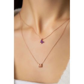 Papatya Silver 925 Ayar Rose Kaplama Kadın Asansörlü Fuşya Kelebek ve Harf Model Kadın Gümüş Kolye