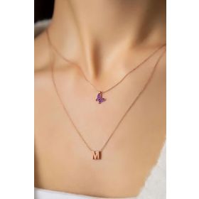 Papatya Silver 925 Ayar Rose Kaplama Kadın Asansörlü Fuşya Kelebek ve Harf Model Kadın Gümüş Kolye