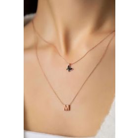 Papatya Silver 925 Ayar Rose Kaplama Kadın Asansörlü Siyah Kelebek ve Harf Model Kadın Gümüş Kolye