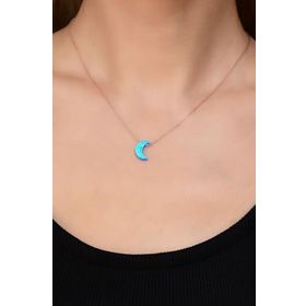 Papatya Silver 925 Ayar Rose Kaplama Mavi Opal Taş Hilal Kadın Gümüş Kolye