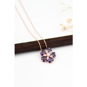 Papatya Silver 925 Ayar Rose Kaplama Mor Taşlı Unutma Beni Çiçeği Kadın Gümüş Kolye