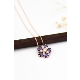 Papatya Silver 925 Ayar Rose Kaplama Mor Taşlı Unutma Beni Çiçeği Kadın Gümüş Kolye