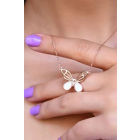 Papatya Silver 925 Ayar Rose Kaplama Opal Taşlı Kelebek Kadın Gümüş Kolye