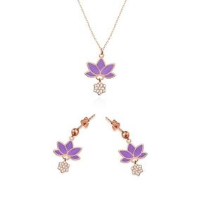 Papatya Silver 925 Ayar Rose Kaplama Parlayan Rüya Serisi Tasarım Ebruli Mor Cam Boyalı Lotus Kadın Gümüş Kolye