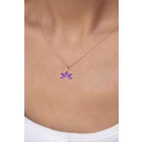Papatya Silver 925 Ayar Rose Kaplama Parlayan Rüya Serisi Tasarım Ebruli Mor Cam Boyalı Lotus Kadın Gümüş Kolye