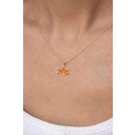 Papatya Silver 925 Ayar Rose Kaplama Parlayan Rüya Serisi Tasarım Ebruli Turuncu Cam Boyalı Lotus Kadın Gümüş Kolye