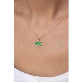 Papatya Silver 925 Ayar Rose Kaplama Parlayan Rüya Serisi Tasarım Ebruli Yeşil Cam Boyalı Lotus Kadın Gümüş Kolye