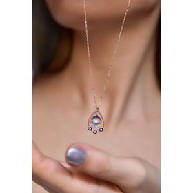 Papatya Silver 925 Ayar Rose Kaplama Renkli Taşlı Çember Mineli Nazar Göz Damla Gümüş Kolye