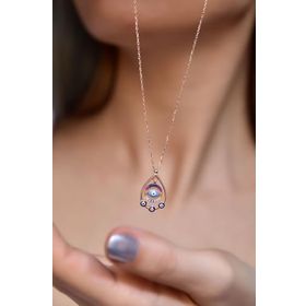 Papatya Silver 925 Ayar Rose Kaplama Renkli Taşlı Çember Mineli Nazar Göz Damla Gümüş Kolye