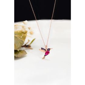 Papatya Silver 925 Ayar Rose Kaplama Rubi Mor Taşlı Kuş Kadın Gümüş Kolye