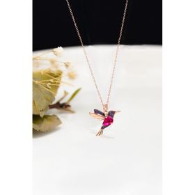 Papatya Silver 925 Ayar Rose Kaplama Rubi Mor Taşlı Kuş Kadın Gümüş Kolye